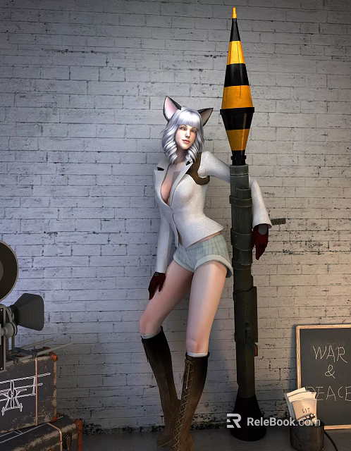 Game Movie Character With Cat Ears White Hair White Coat Shorts Leaning On Pole 3d model 