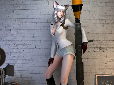 Game Movie Character With Cat Ears White Hair White Coat Shorts Leaning On Pole 3d model
