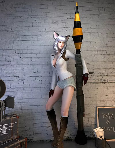 Game Movie Character With Cat Ears White Hair White Coat Shorts Leaning On Pole 3d model