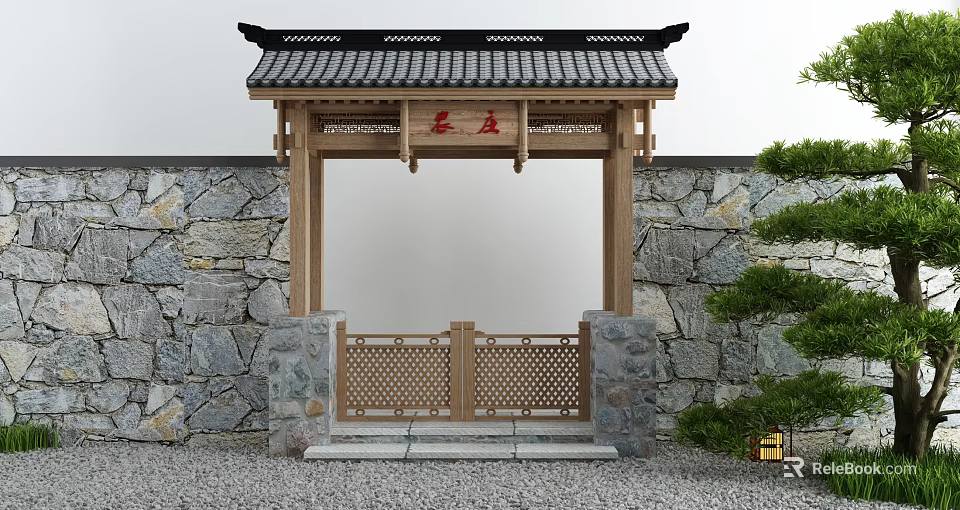 Traditional Chinese Entrance Gate With Black Tiled Roof Latticed Design And Stone Walls 3d model 
