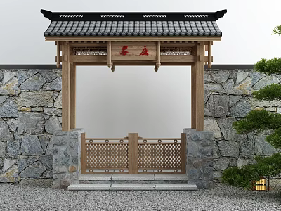 Traditional Chinese Entrance Gate With Black Tiled Roof Latticed Design And Stone Walls 3d model