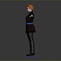 Red Haired Female Character In Brown Suit With Blue Details Standing With Arms Outstretched