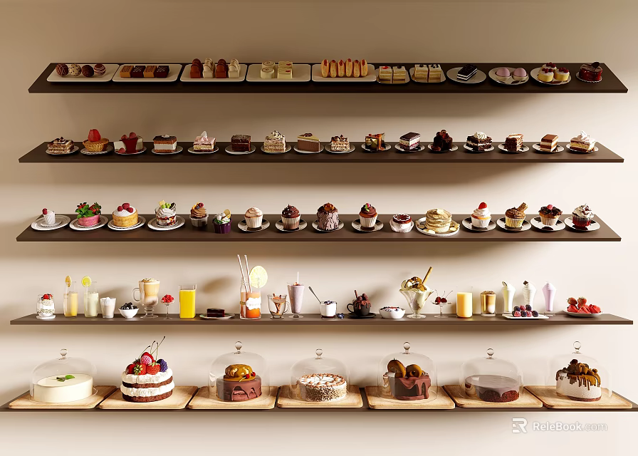 Various Desserts And Beverages Displayed On Multiple Wooden Shelves With Different Toppings And Decorations 3d model 