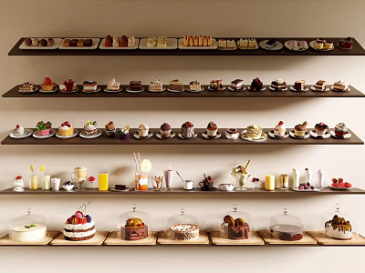 Various Desserts And Beverages Displayed On Multiple Wooden Shelves With Different Toppings And Decorations 3d model