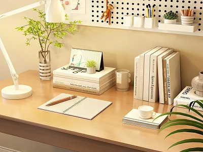 Elegant Desk Decorative Ornaments Combination With Table Lamp Green Plant Books Notebook And Cup 3d model