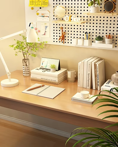 Elegant Desk Decorative Ornaments Combination With Table Lamp Green Plant Books Notebook And Cup 3d model