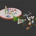 Cartoon Scenic Camping Site with Tepees Green Trees Campfire and Bear Figure