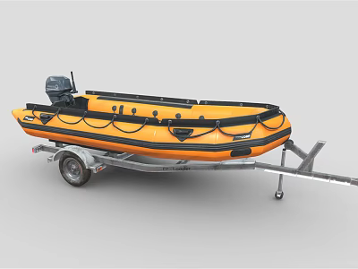 Orange Inflatable Boat With Trailer And Black Outboard Motor On Gray Surface 3d model