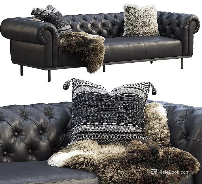 Luxurious Black Leather Three-Seater Sofa With Tufted Design Decorative Pillows And Fur Throw 3d model 
