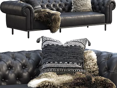 Luxurious Black Leather Three-Seater Sofa With Tufted Design Decorative Pillows And Fur Throw 3d model