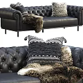 Luxurious Black Leather Three-Seater Sofa With Tufted Design Decorative Pillows And Fur Throw