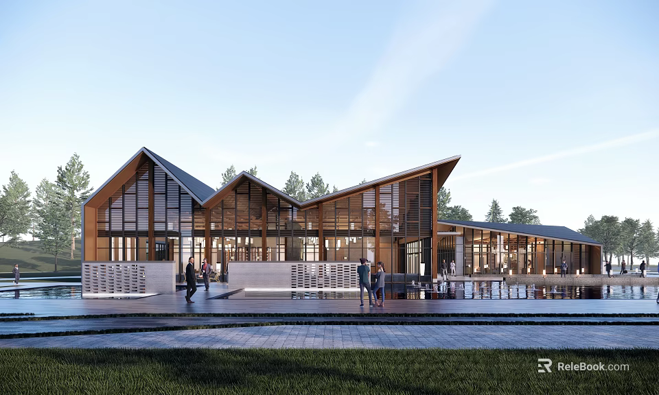 Modern Wooden Visitor Center With Glass Windows Trees And Visitors On Front Terrace 3d model 