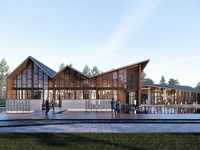 Modern Wooden Visitor Center With Glass Windows Trees And Visitors On Front Terrace 3d model