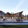 Modern Wooden Visitor Center With Glass Windows Trees And Visitors On Front Terrace