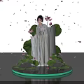 Traditional Dressed Woman Standing On Green Glowing Platform With Lotus Flowers Leaves And Falling Petals