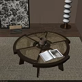 Modern Wooden Rattan Coffee Table With Open Book And Small Plant In Ceramic Pot