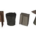 Different Designed Stools With Wooden Tree Stump Geometric And Metallic Conical Shapes
