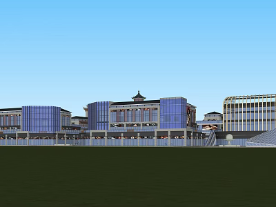 Modern Commercial Street With Glass Facade Buildings And Traditional Roof Design 3d model