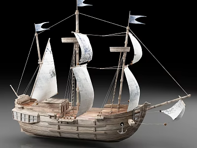 Wooden Sailing Ship With Multiple Sails And Details 3d model
