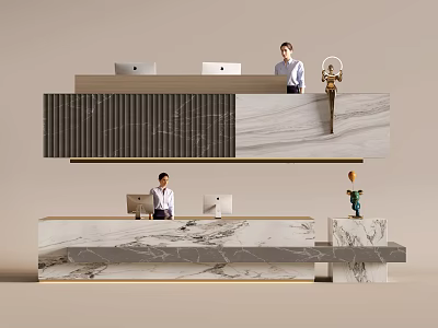 Elegant Modern Marble Reception Desk Interior With Staff Working On Computers 3d model