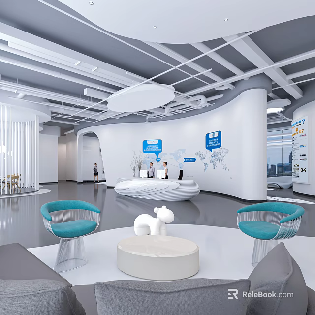 Modern Reception Area With White Desk Blue Chairs World Map Decor And Open Space Design 3d model 