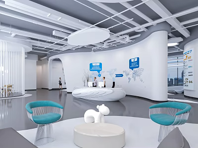Modern Reception Area With White Desk Blue Chairs World Map Decor And Open Space Design 3d model