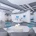 Modern Reception Area With White Desk Blue Chairs World Map Decor And Open Space Design
