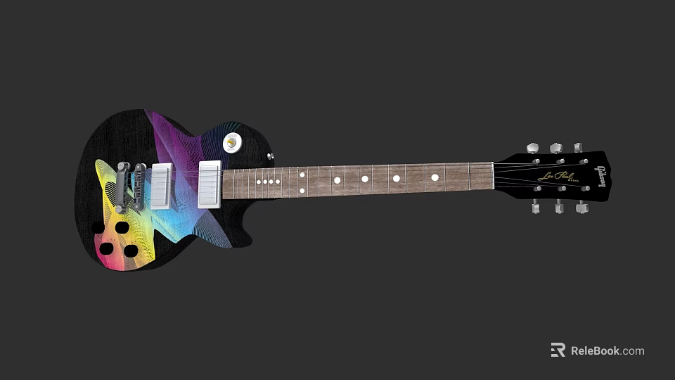 Colorful Musical Instruments and Art Supplies with Decorative Painted Guitar Design 3d model 