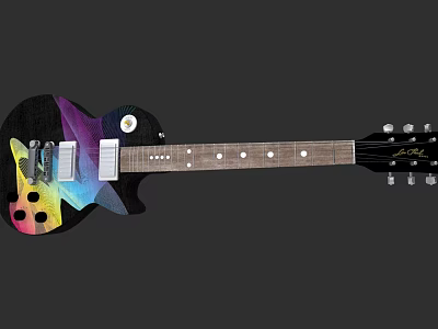 Colorful Musical Instruments and Art Supplies with Decorative Painted Guitar Design 3d model