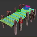 Wooden Dock Structure With Weathered Planks And Coiled Ropes On Wooden Posts