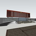 Modern Office Building Exterior With Red Facade Steps And Paved Ground 3d model