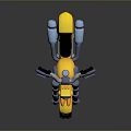Yellow toy motorcycle with black seat green headlight and metallic parts on reflective surface