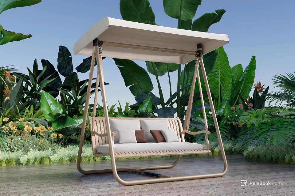 Garden Swing Chair Decor With Lush Green Plants Large Leaves And Yellow Flowers 3d model 