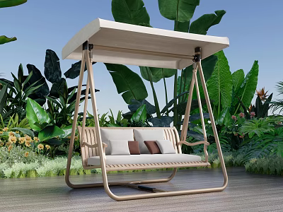 Garden Swing Chair Decor With Lush Green Plants Large Leaves And Yellow Flowers 3d model