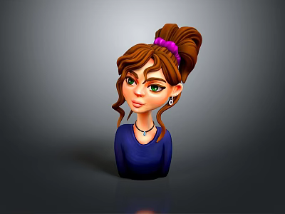 Cartoon Girl With Brown Curly Hair Purple Hairband And Blue Top Playing With Fluffy White Kitten 3d model