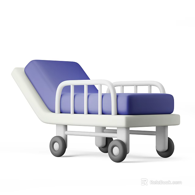 Medical Equipment Hospital Bed With Blue Mattress White Frame And Wheels 3d model 