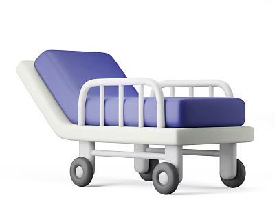 Medical Equipment Hospital Bed With Blue Mattress White Frame And Wheels 3d model