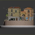 Scenic Mediterranean Buildings with Red Tile Roofs Palm Trees Beach and Stone Steps