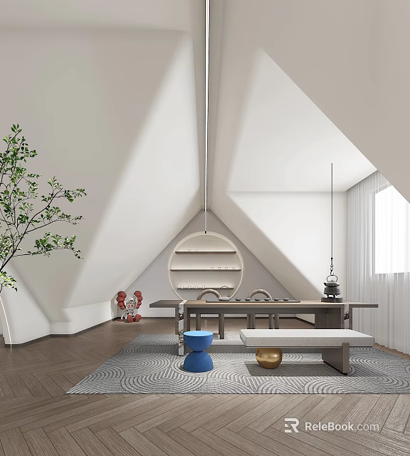 Minimalist Loft Space With Circular Shelf And Decorations 3d model 