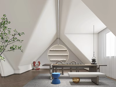 Minimalist Loft Space With Circular Shelf And Decorations 3d model