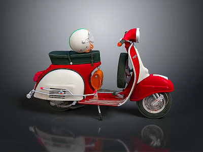Classic Red and White Scooter With White Helmet on Green Seat and Chrome Details 3d model