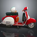 Classic Red and White Scooter With White Helmet on Green Seat and Chrome Details