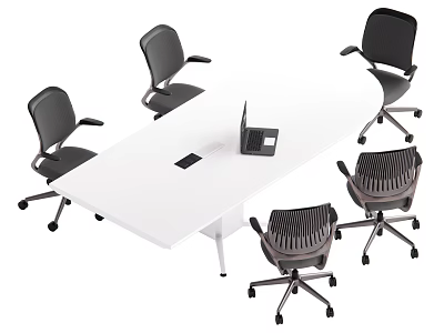 Modern Conference Table Surrounded By Black Office Chairs With Laptop On Top For Business Meetings 3d model