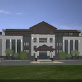 Office Building Exterior With Traditional Roof Large Glass Windows Light-colored Facade And Lawn Frontyard