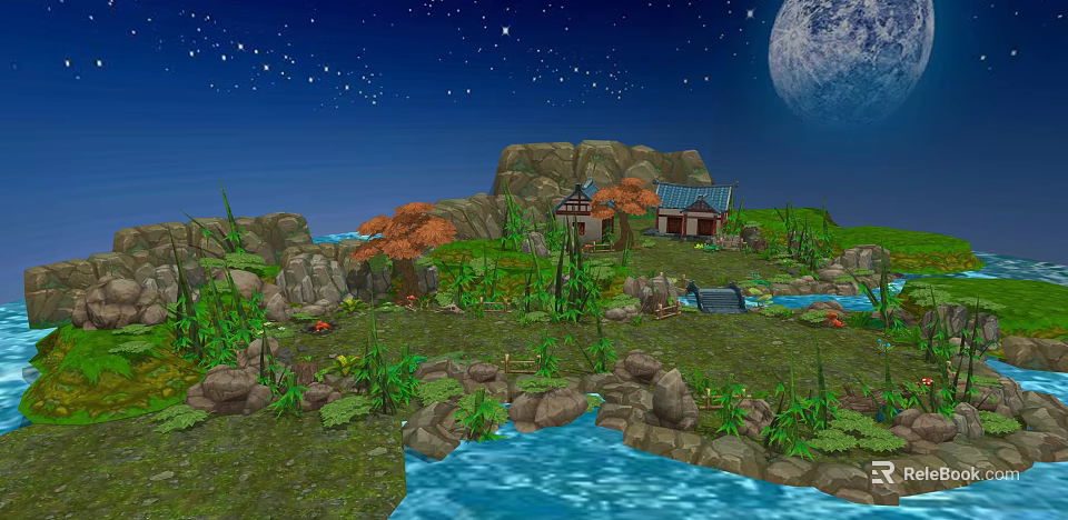 Enchanting Night Garden Landscape With Starry Sky Moon Cottages Stream And Rocks 3d model 