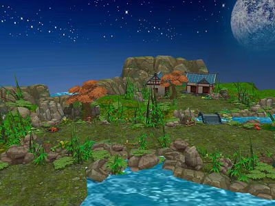 Enchanting Night Garden Landscape With Starry Sky Moon Cottages Stream And Rocks 3d model