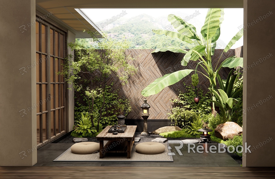 Japanese-style Courtyard Garden Homestay Courtyard Plant Combination Banana Tree Tea Table Tingbu Stone model