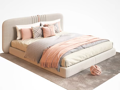 Upholstered Beige Double Bed with Pink Gray Pillows and Blankets on Soft Carpet 3d model