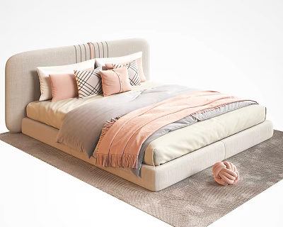 Upholstered Beige Double Bed with Pink Gray Pillows and Blankets on Soft Carpet 3d model