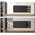 Modern TV Background Wall With Marble Texture Storage Shelves And LED Strip Lights